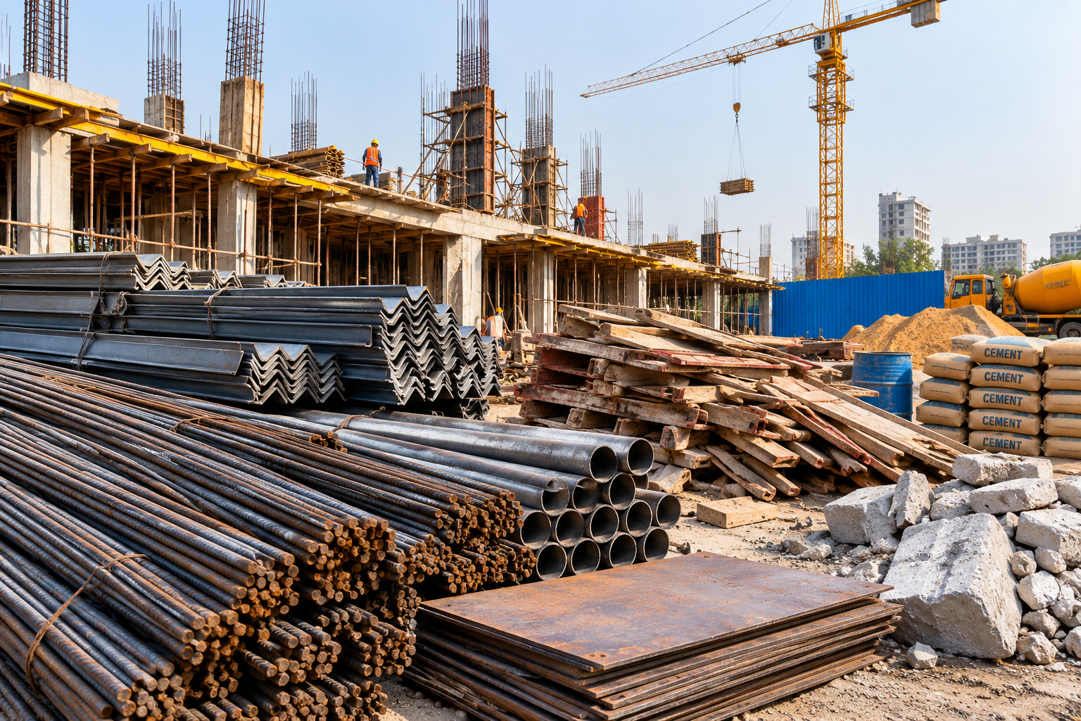busy construction site with tower crane