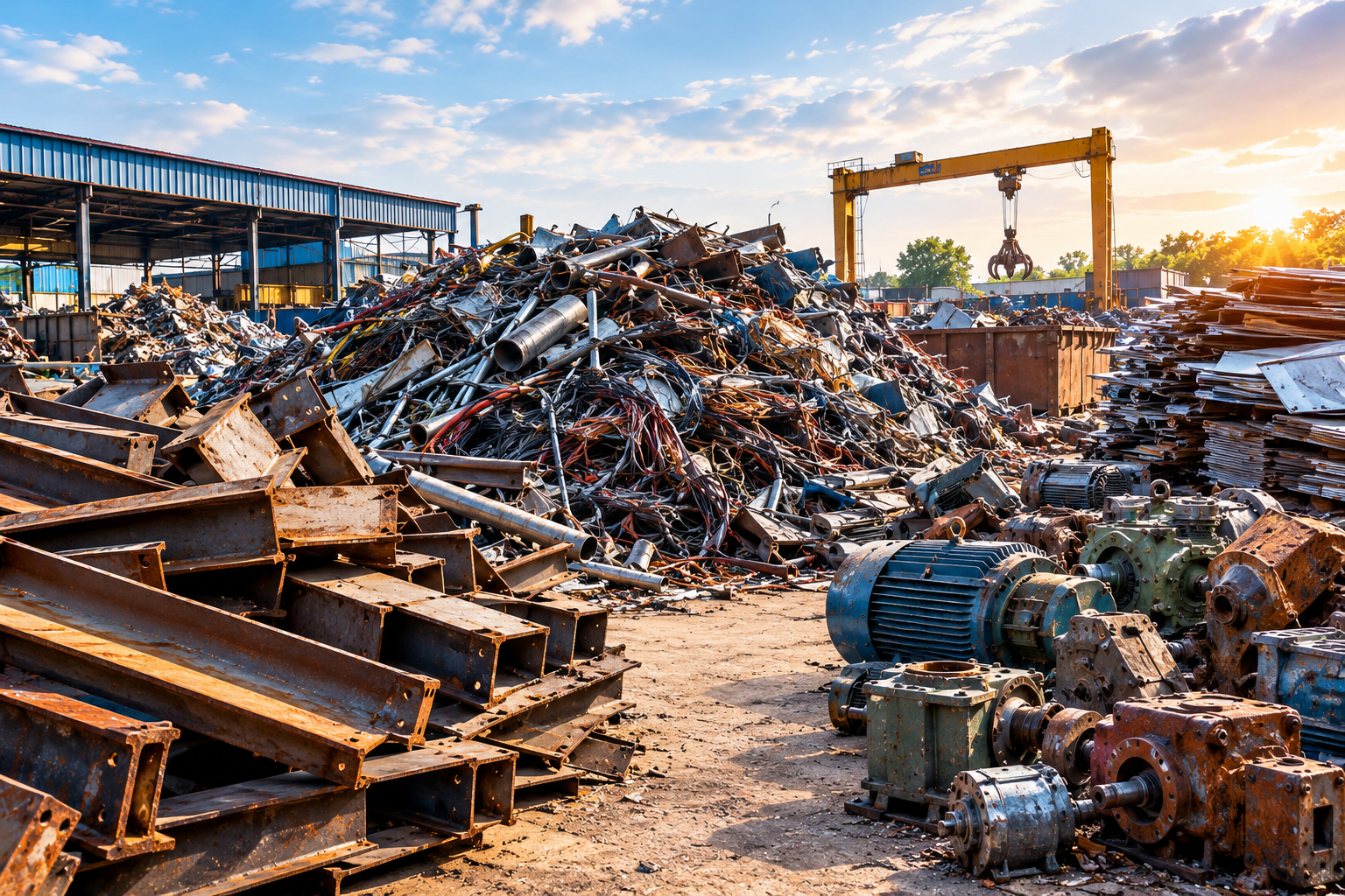 sunlit industrial scrapyard panorama